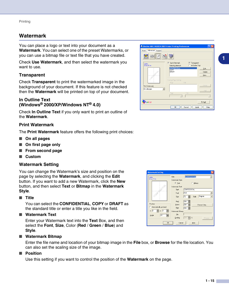 Watermark, Transparent, In outline text (windows® 2000/xp/windows nt® 4.0) | Print watermark, Watermark setting, Watermark -15, 1watermark | Brother MFC-9420CN User Manual | Page 23 / 145