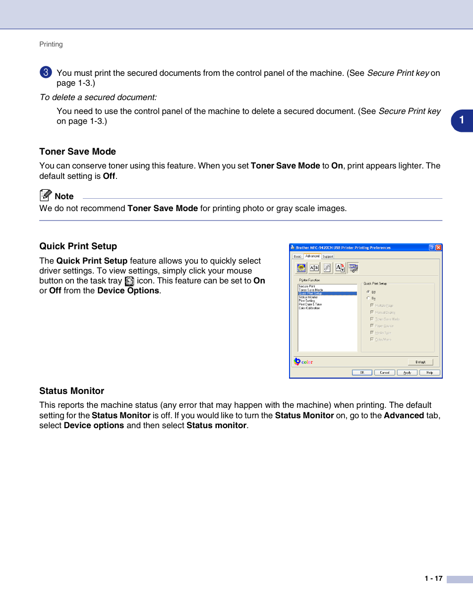 Toner save mode, Quick print setup, Status monitor | Brother MFC-9420CN User Manual | Page 25 / 145