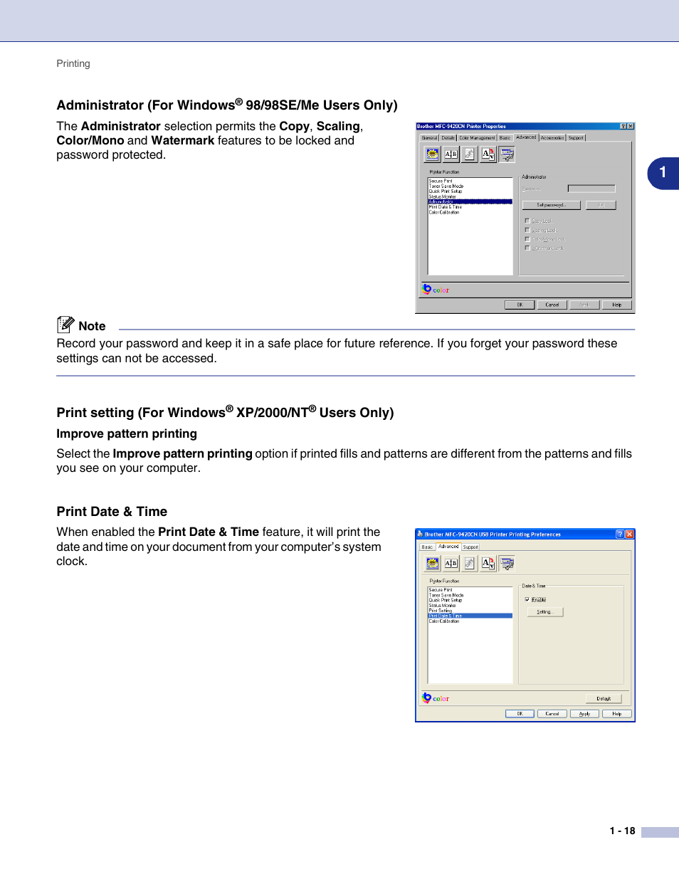 Administrator (for windows® 98/98se/me users only), Print date & time | Brother MFC-9420CN User Manual | Page 26 / 145