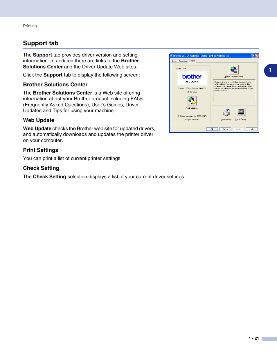Support tab, Brother solutions center, Web update | Print settings, Check setting, Support tab -21, 1support tab | Brother MFC-9420CN User Manual | Page 29 / 145