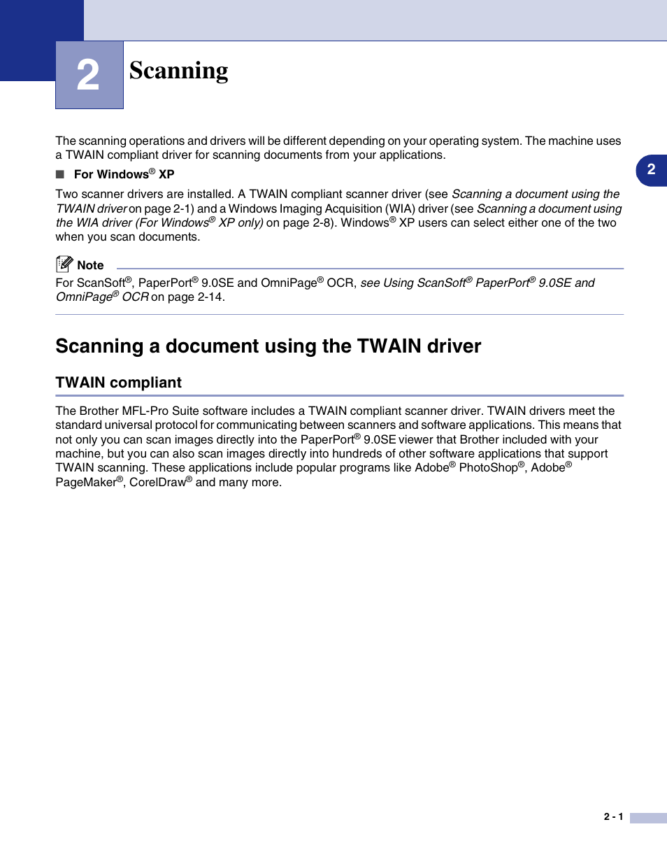 2 scanning, Scanning a document using the twain driver, Twain compliant | Scanning, Scanning a document using the twain driver -1, Twain compliant -1 | Brother MFC-9420CN User Manual | Page 34 / 145