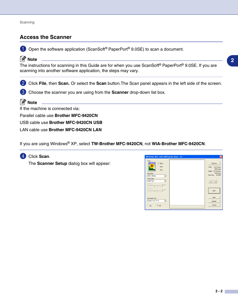 Access the scanner, Access the scanner -2, 2access the scanner | Brother MFC-9420CN User Manual | Page 35 / 145