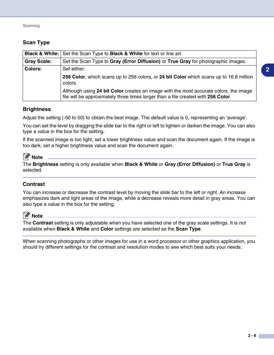 Scan type, Brightness, Contrast | Brother MFC-9420CN User Manual | Page 39 / 145