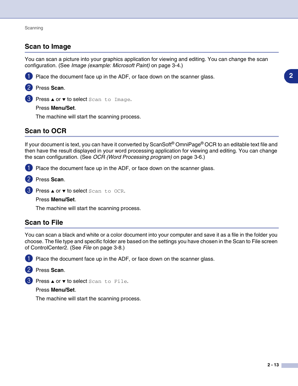 Scan to image, Scan to ocr, Scan to file | Scan to image -13 scan to ocr -13 scan to file -13 | Brother MFC-9420CN User Manual | Page 46 / 145