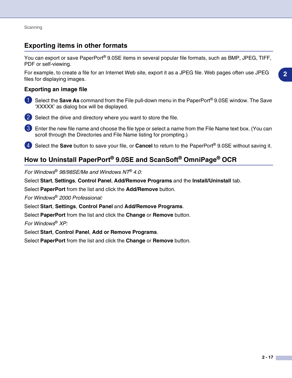 Exporting items in other formats, Exporting an image file, 0se and scansoft | Ocr -17, 2exporting items in other formats, How to uninstall paperport, Omnipage | Brother MFC-9420CN User Manual | Page 50 / 145