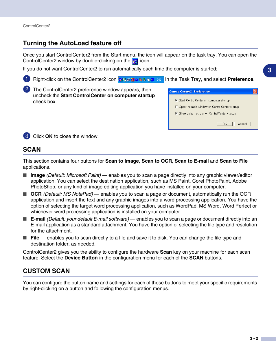 Turning the autoload feature off, Scan, Custom scan | Brother MFC-9420CN User Manual | Page 52 / 145