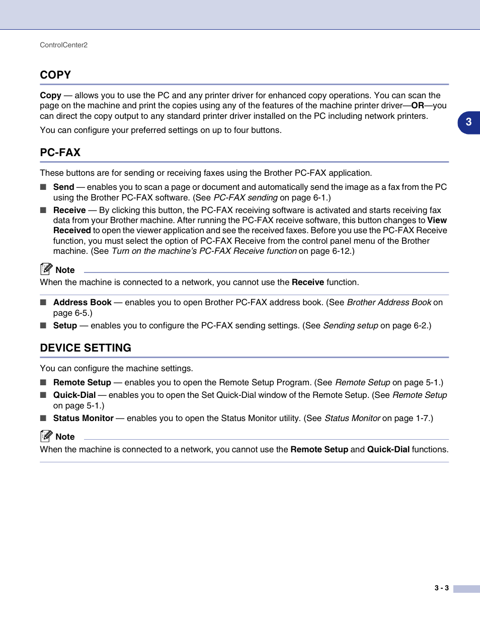 Copy, Pc-fax, Device setting | Copy -3 pc-fax -3 device setting -3, 3copy | Brother MFC-9420CN User Manual | Page 53 / 145