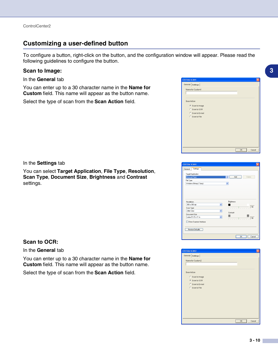 Customizing a user-defined button, Scan to image, Scan to ocr | Customizing a user-defined button -10, 3customizing a user-defined button | Brother MFC-9420CN User Manual | Page 60 / 145