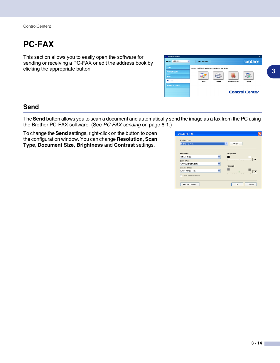 Pc-fax, Send, Pc-fax -14 | Send -14 | Brother MFC-9420CN User Manual | Page 64 / 145