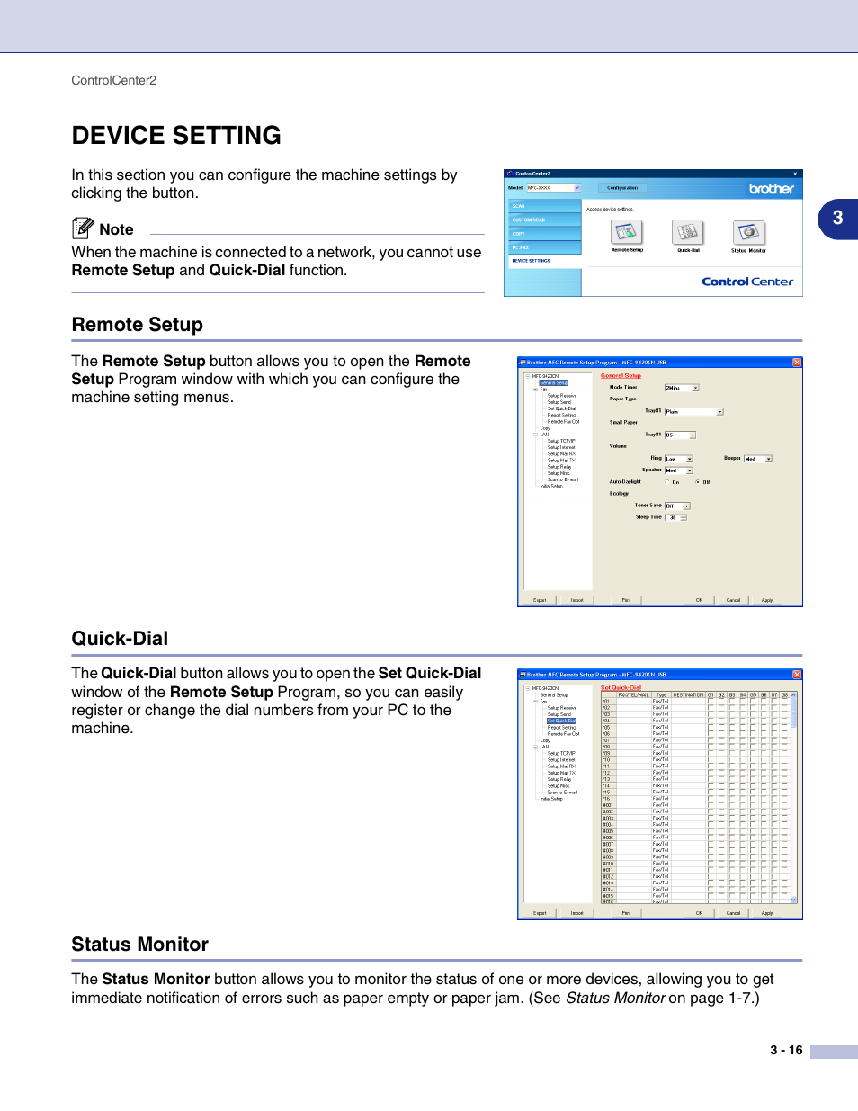 Device setting, Remote setup, Quick-dial | Status monitor, Device setting -16, Remote setup -16 quick-dial -16 status monitor -16 | Brother MFC-9420CN User Manual | Page 66 / 145