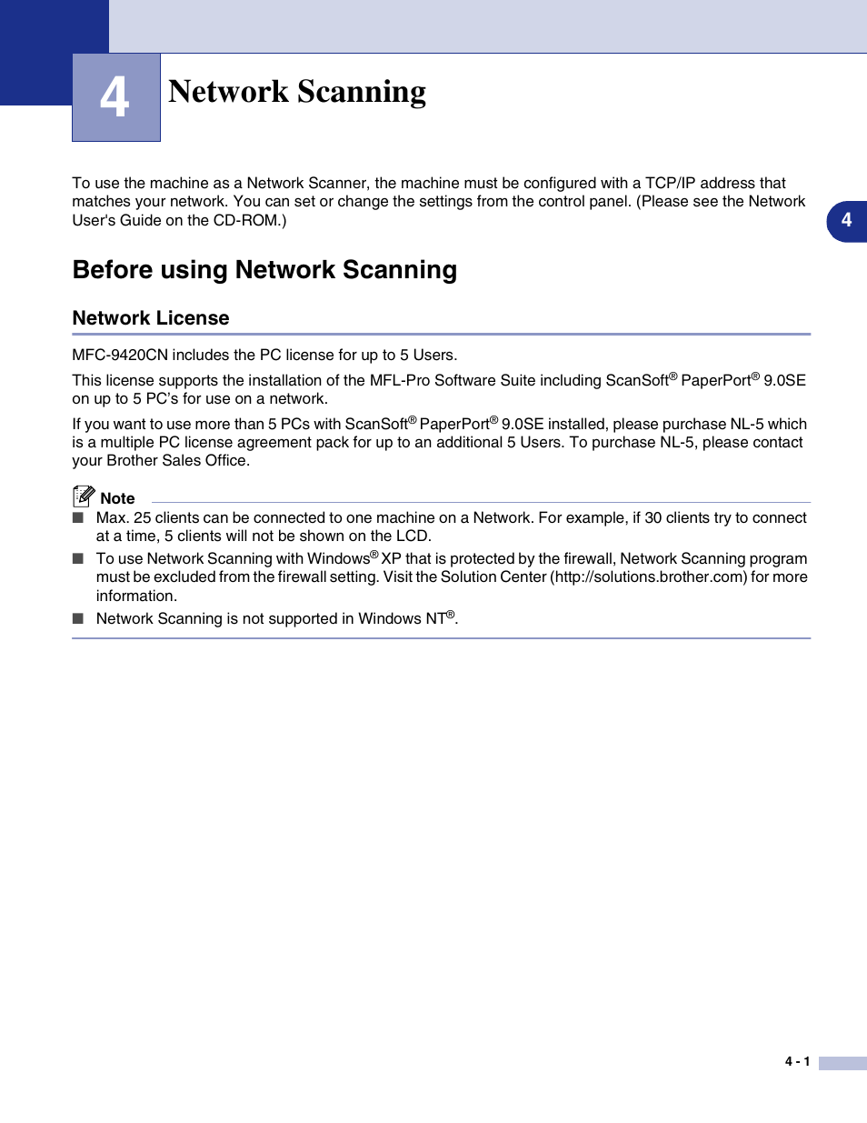 4 network scanning, Before using network scanning, Network license | Network scanning, Before using network scanning -1, Network license -1 | Brother MFC-9420CN User Manual | Page 67 / 145