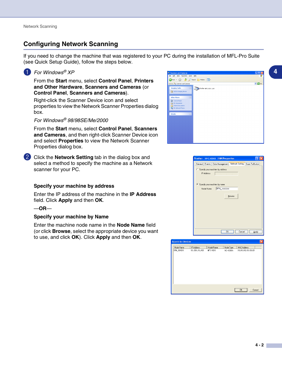 Configuring network scanning, Configuring network scanning -2, 4configuring network scanning | Brother MFC-9420CN User Manual | Page 68 / 145