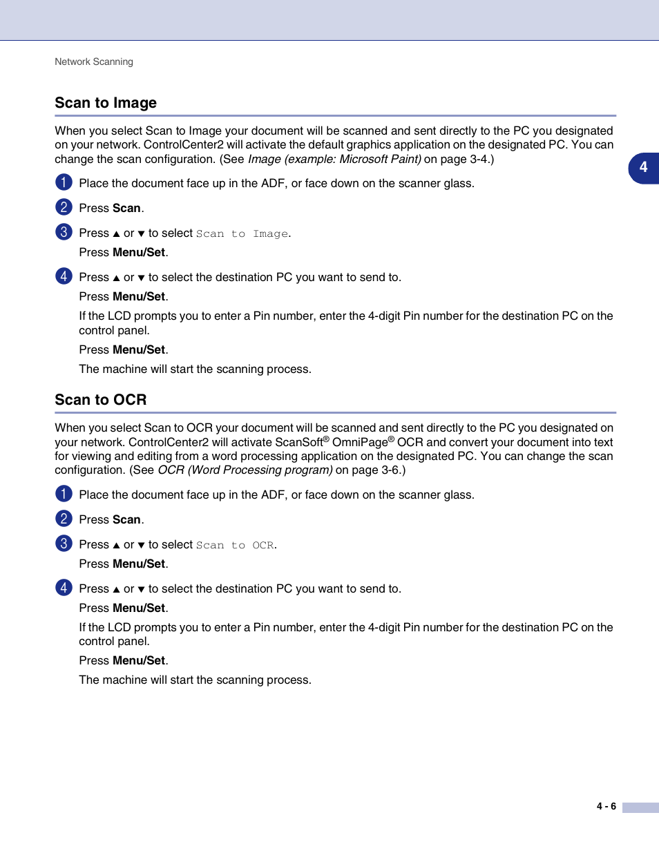 Scan to image, Scan to ocr, Scan to image -6 scan to ocr -6 | 4scan to image | Brother MFC-9420CN User Manual | Page 72 / 145