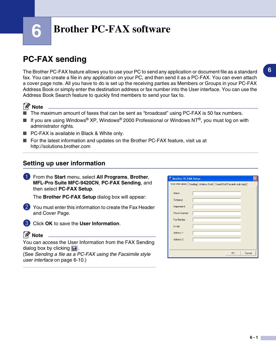 6 brother pc-fax software, Pc-fax sending, Setting up user information | Brother pc-fax software, Pc-fax sending -1, Setting up user information -1 | Brother MFC-9420CN User Manual | Page 75 / 145
