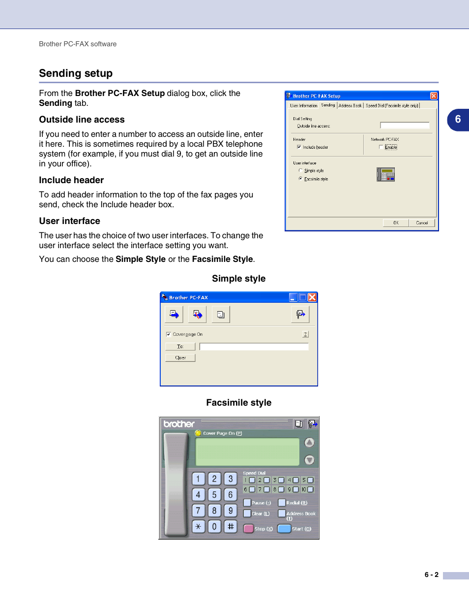 Sending setup, Outside line access, Include header | User interface, Sending setup -2, 6sending setup | Brother MFC-9420CN User Manual | Page 76 / 145