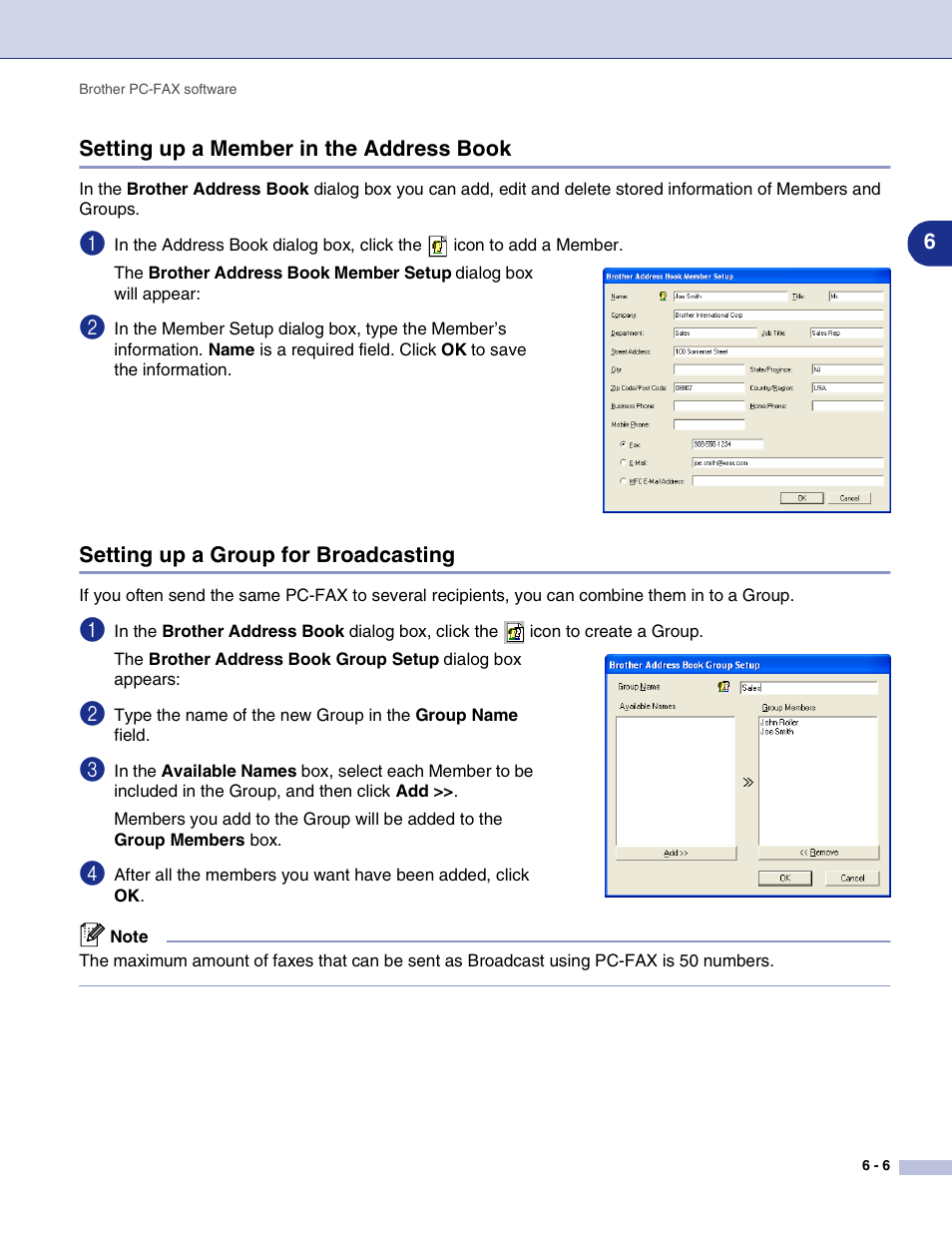 Setting up a member in the address book, Setting up a group for broadcasting | Brother MFC-9420CN User Manual | Page 80 / 145