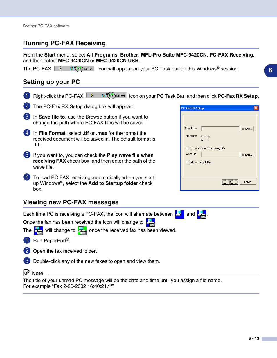 Running pc-fax receiving, Setting up your pc, Viewing new pc-fax messages | Brother MFC-9420CN User Manual | Page 87 / 145