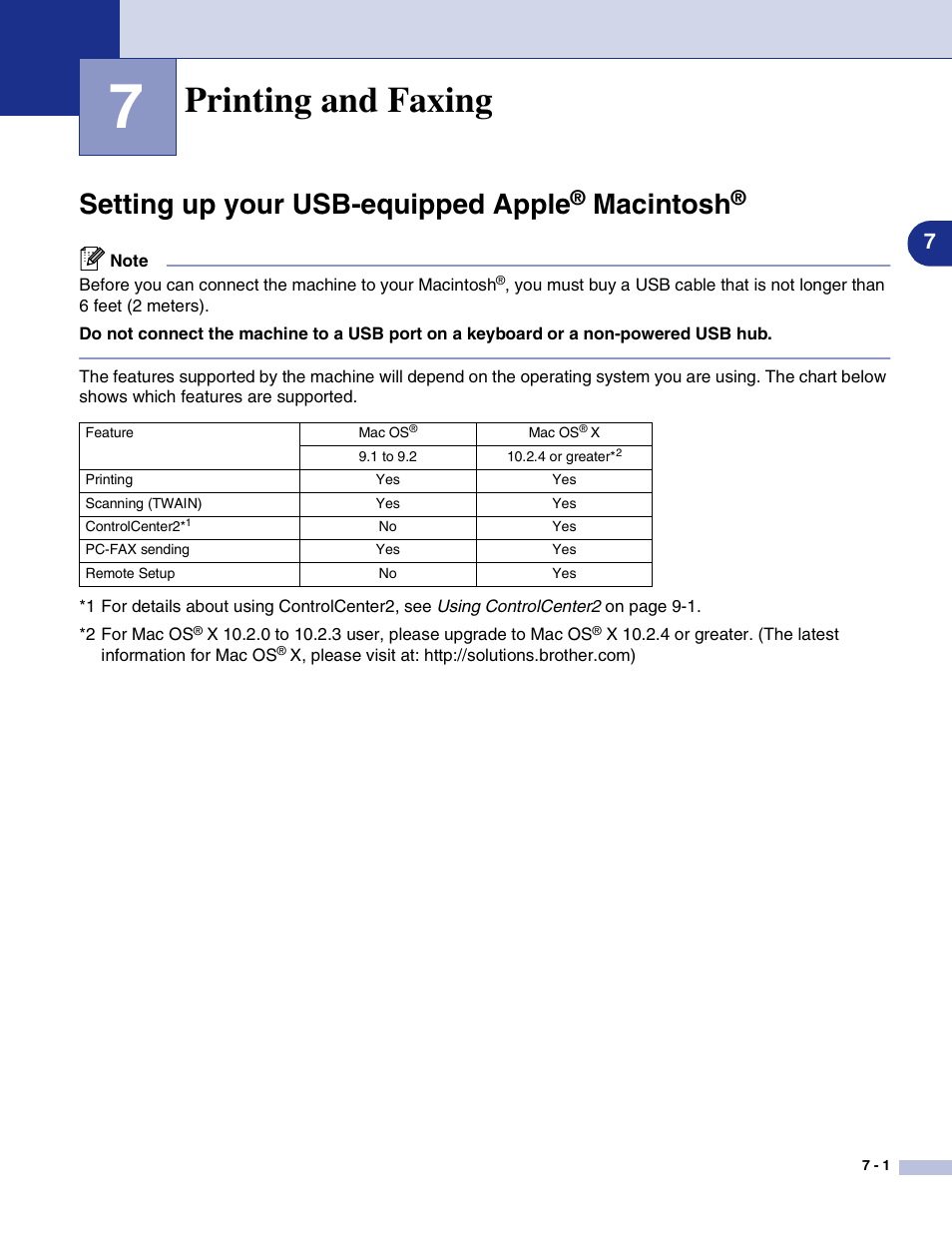 7 printing and faxing, Setting up your usb-equipped apple® macintosh, Printing and faxing | Setting up your usb-equipped apple, Macintosh | Brother MFC-9420CN User Manual | Page 89 / 145