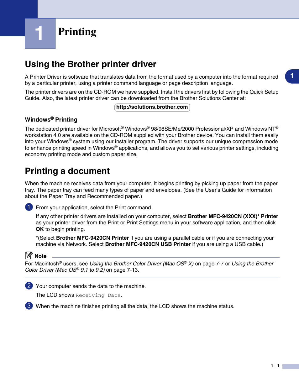 1 printing, Using the brother printer driver, Windows® printing | Printing a document, Printing | Brother MFC-9420CN User Manual | Page 9 / 145