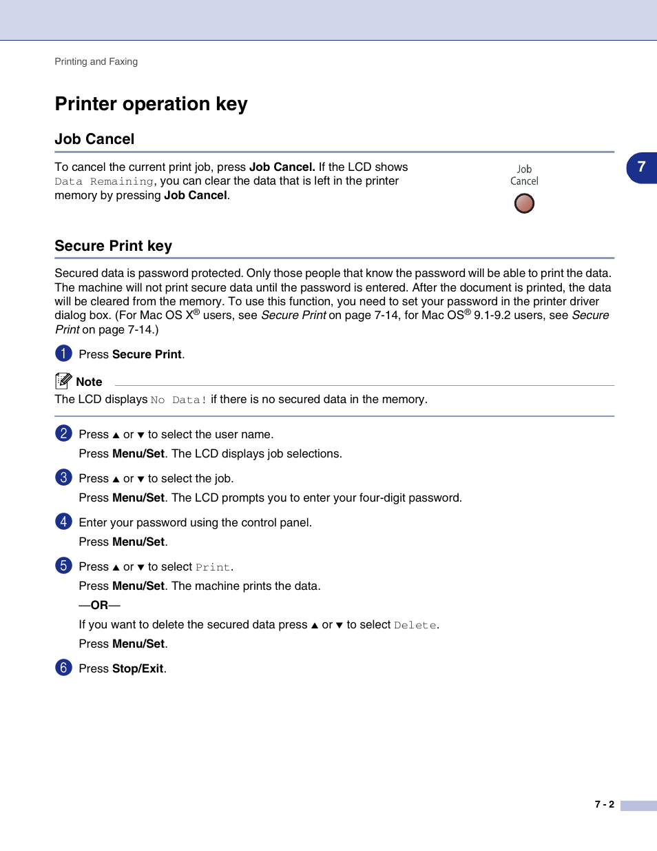 Printer operation key, Job cancel, Secure print key | Printer operation key -2, Job cancel -2 secure print key -2 | Brother MFC-9420CN User Manual | Page 90 / 145