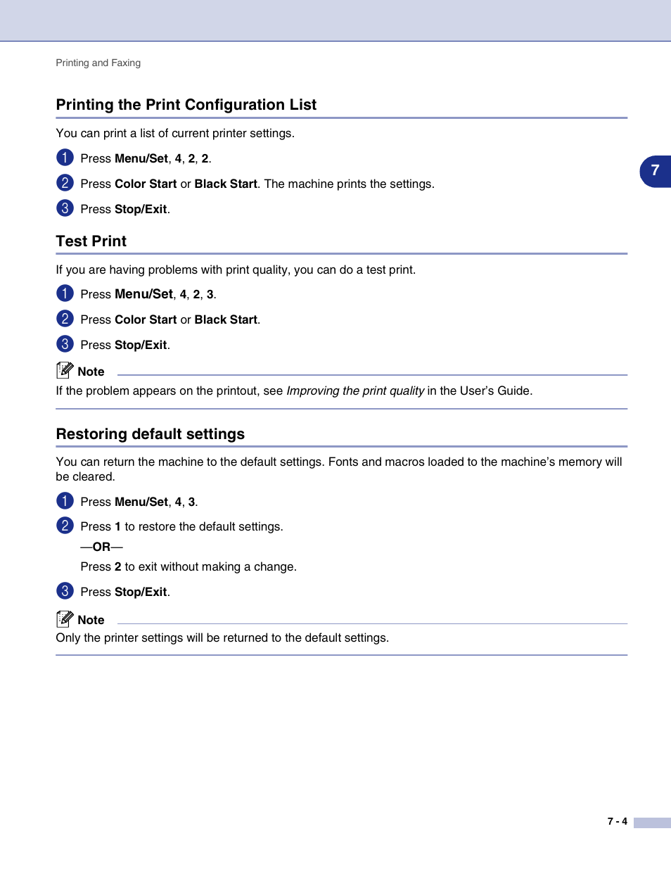 Printing the print configuration list, Test print, Restoring default settings | Brother MFC-9420CN User Manual | Page 92 / 145