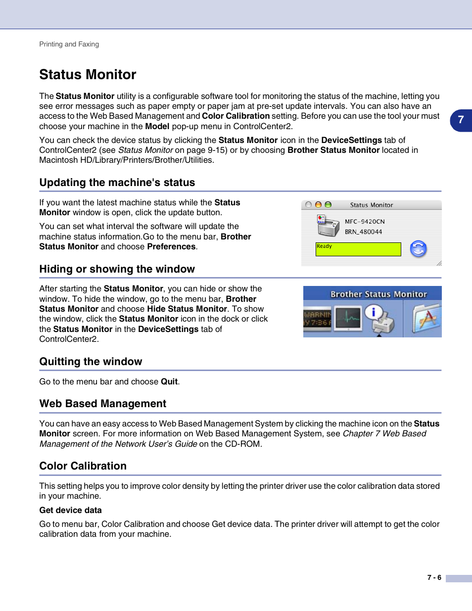 Status monitor, Updating the machine's status, Hiding or showing the window | Quitting the window, Web based management, Color calibration, Status monitor -6 | Brother MFC-9420CN User Manual | Page 94 / 145