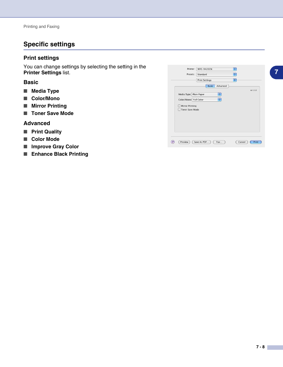 Specific settings, Print settings, Basic | Advanced, Specific settings -8, 7specific settings | Brother MFC-9420CN User Manual | Page 96 / 145