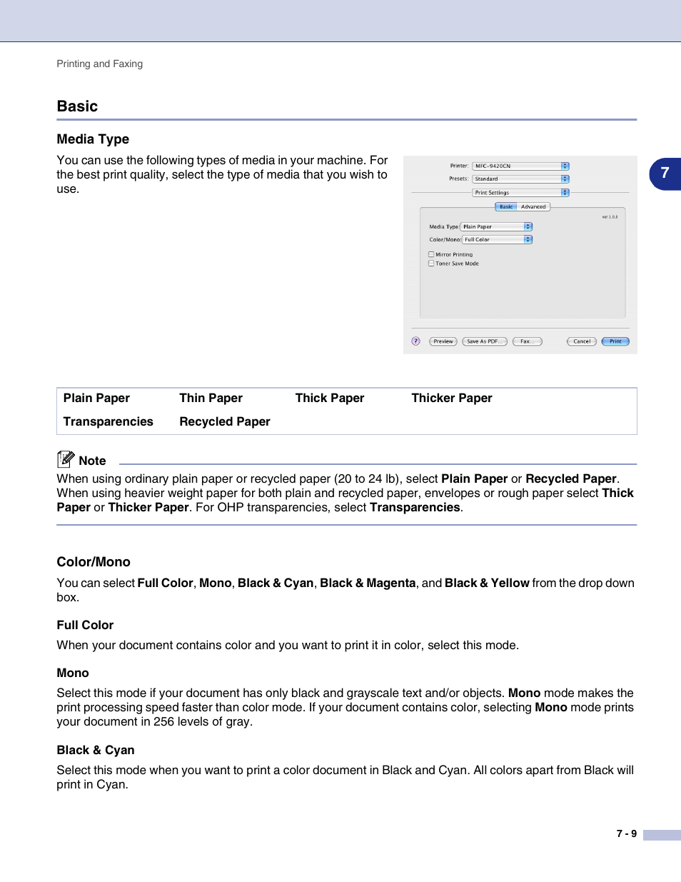 Basic, Media type, Color/mono | Basic -9, 7basic | Brother MFC-9420CN User Manual | Page 97 / 145