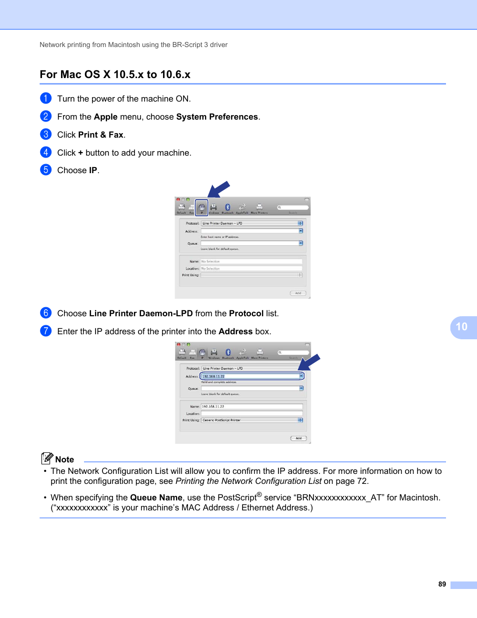 For mac os x 10.5.x to 10.6.x | Brother MFC-9325CW User Manual | Page 100 / 192