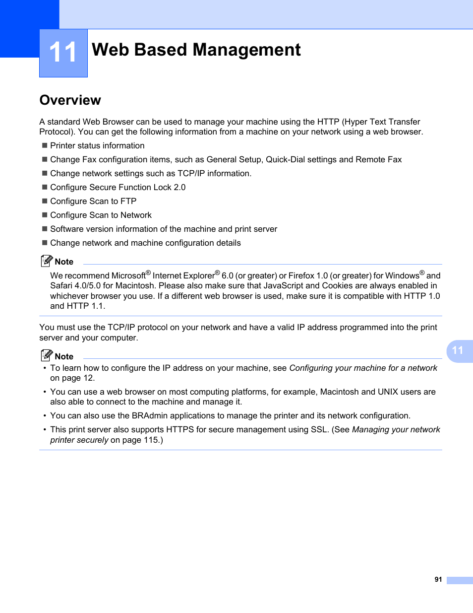 11 web based management, Overview, Web based management | Brother MFC-9325CW User Manual | Page 102 / 192