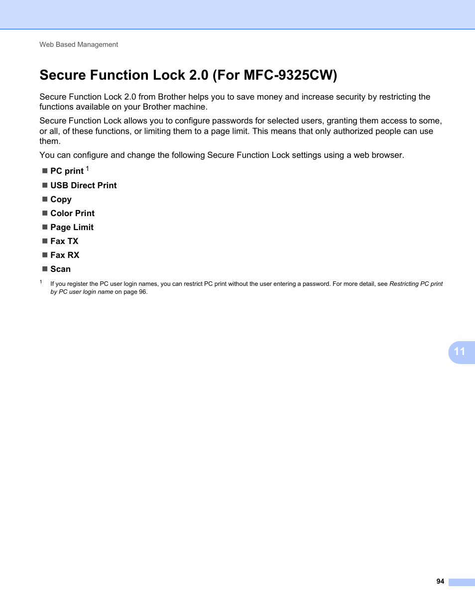 Secure function lock 2.0 (for mfc-9325cw) | Brother MFC-9325CW User Manual | Page 105 / 192