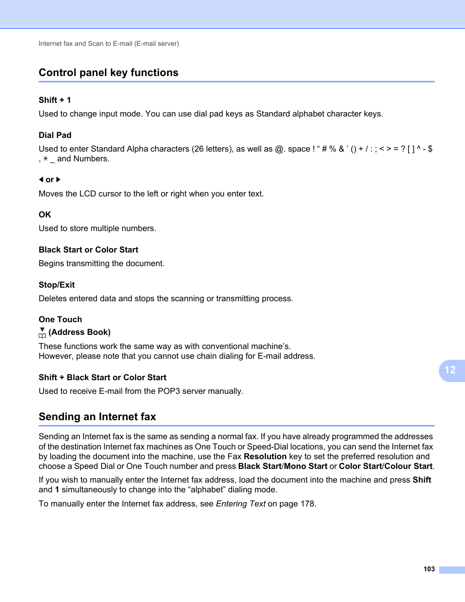 Control panel key functions, Sending an internet fax, 12 control panel key functions | Shift + 1, Begins transmitting the document. stop/exit | Brother MFC-9325CW User Manual | Page 114 / 192