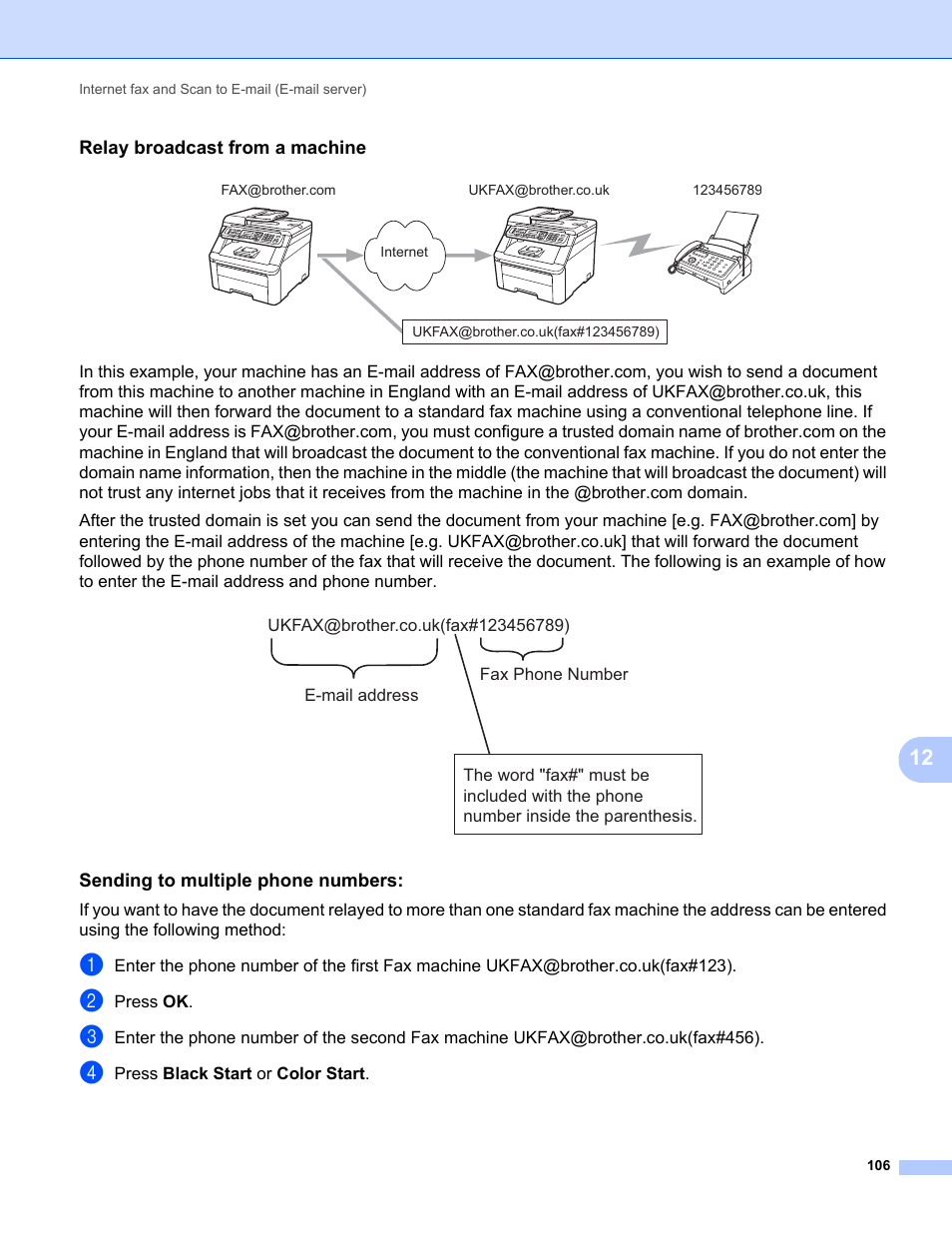 Relay broadcast from a machine, Sending to multiple phone numbers | Brother MFC-9325CW User Manual | Page 117 / 192