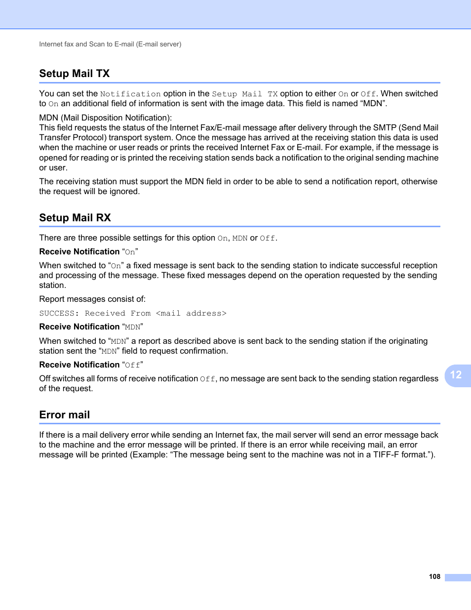 Setup mail tx, Setup mail rx, Error mail | Setup mail tx setup mail rx error mail, 12 setup mail tx | Brother MFC-9325CW User Manual | Page 119 / 192