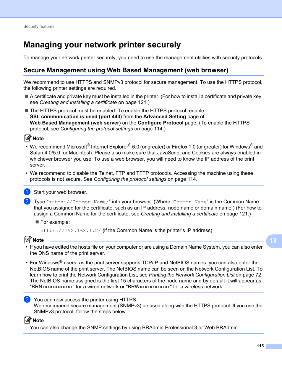 Managing your network printer securely, Managing your network | Brother MFC-9325CW User Manual | Page 126 / 192