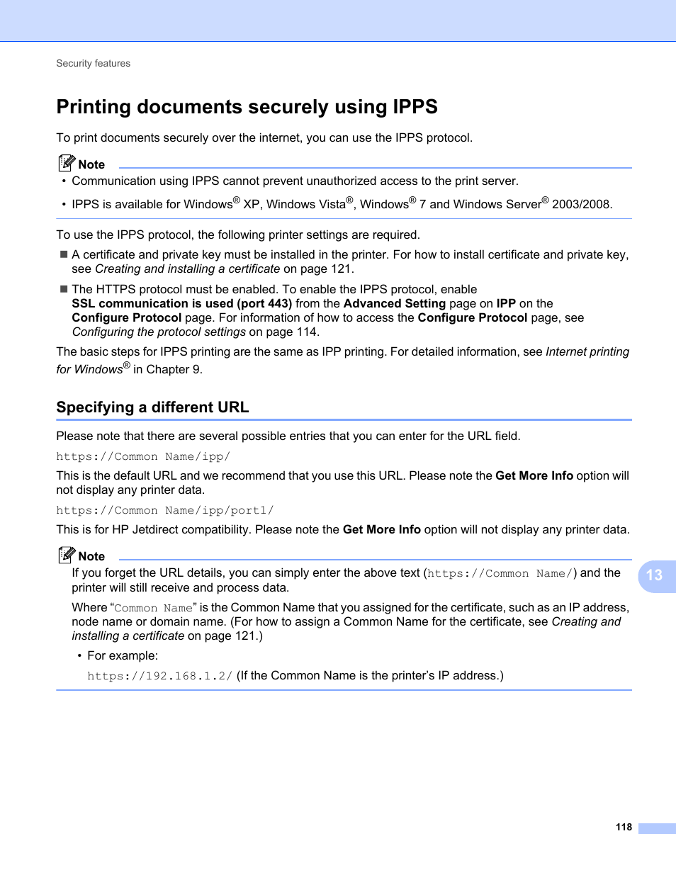 Printing documents securely using ipps, Specifying a different url | Brother MFC-9325CW User Manual | Page 129 / 192