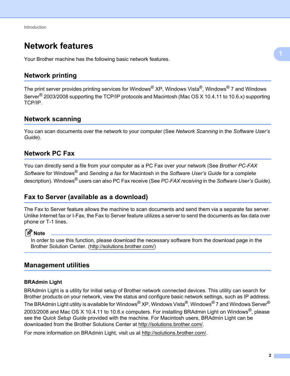 Network features, Network printing, Network scanning | Network pc fax, Fax to server (available as a download), Management utilities | Brother MFC-9325CW User Manual | Page 13 / 192
