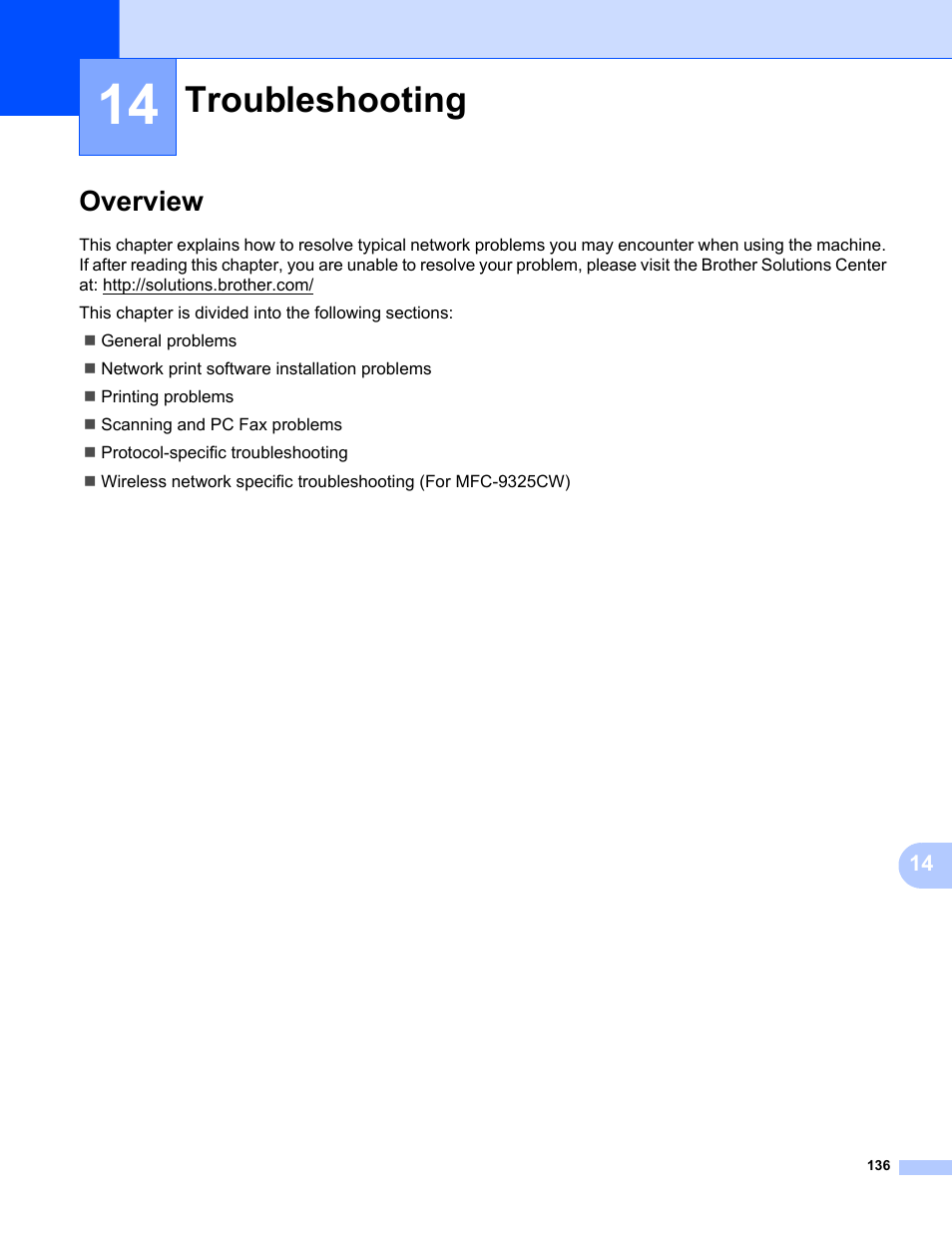 14 troubleshooting, Overview, Troubleshooting | Brother MFC-9325CW User Manual | Page 147 / 192