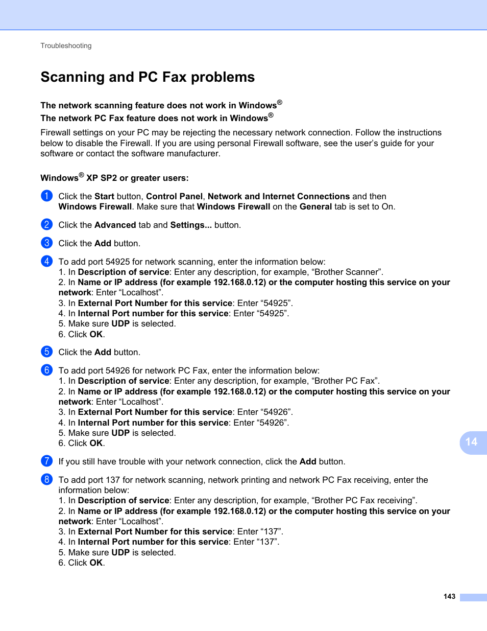 Scanning and pc fax problems | Brother MFC-9325CW User Manual | Page 154 / 192