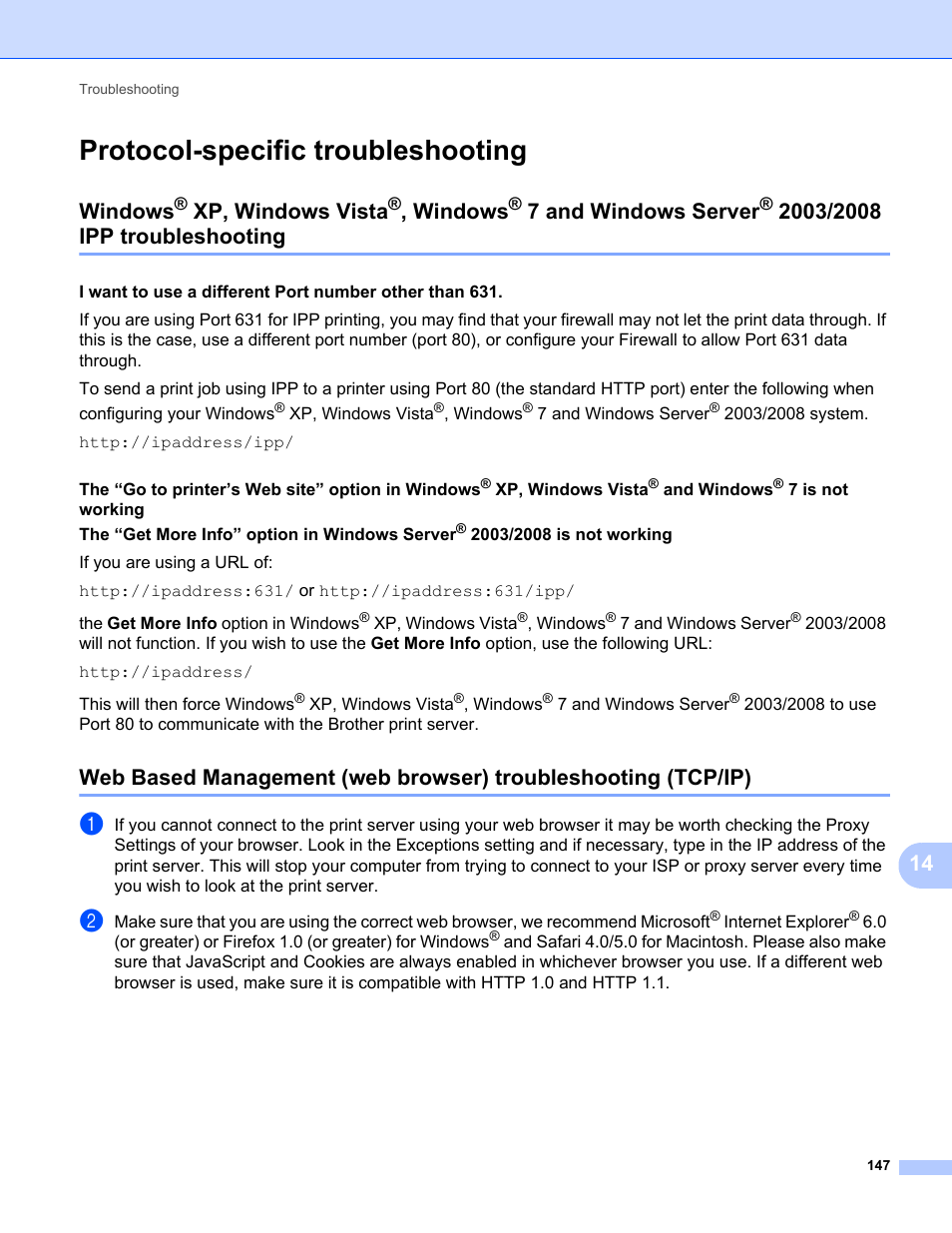 Protocol-specific troubleshooting, Windows, Xp, windows vista | 7 and windows server, 2003/2008 ipp, Troubleshooting | Brother MFC-9325CW User Manual | Page 158 / 192