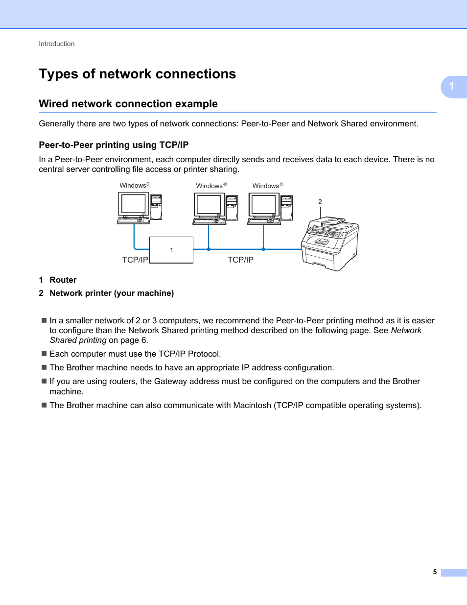 Types of network connections, Wired network connection example, Peer-to-peer printing using tcp/ip | Brother MFC-9325CW User Manual | Page 16 / 192
