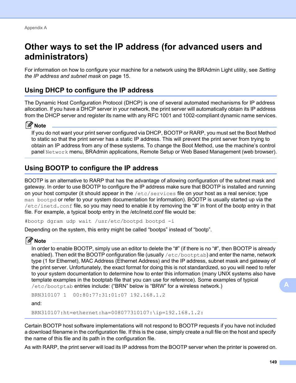 Using dhcp to configure the ip address, Using bootp to configure the ip address | Brother MFC-9325CW User Manual | Page 160 / 192