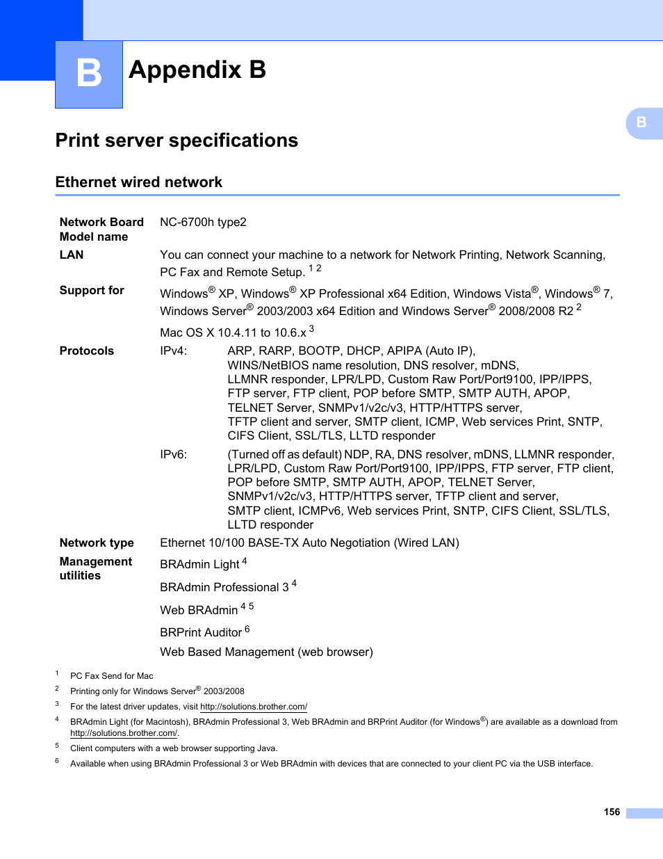 Appendix b, Print server specifications, Ethernet wired network | Brother MFC-9325CW User Manual | Page 167 / 192