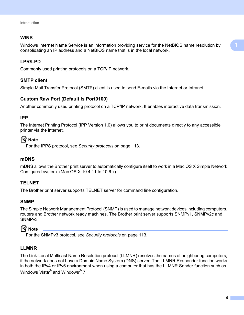 Wins, Lpr/lpd, Smtp client | Custom raw port (default is port9100), Mdns, Telnet, Snmp, Llmnr, And windows | Brother MFC-9325CW User Manual | Page 20 / 192