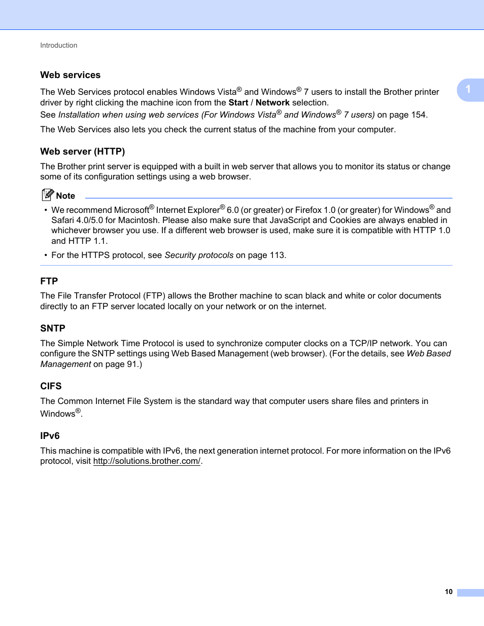 Web services, Web server (http), Sntp | Cifs, Ipv6 | Brother MFC-9325CW User Manual | Page 21 / 192