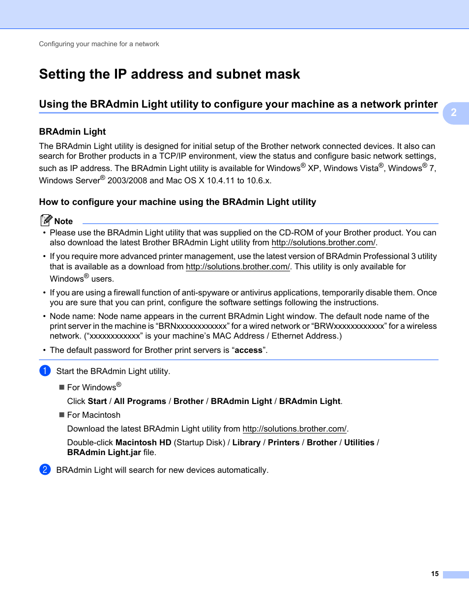 Setting the ip address and subnet mask, Bradmin light | Brother MFC-9325CW User Manual | Page 26 / 192