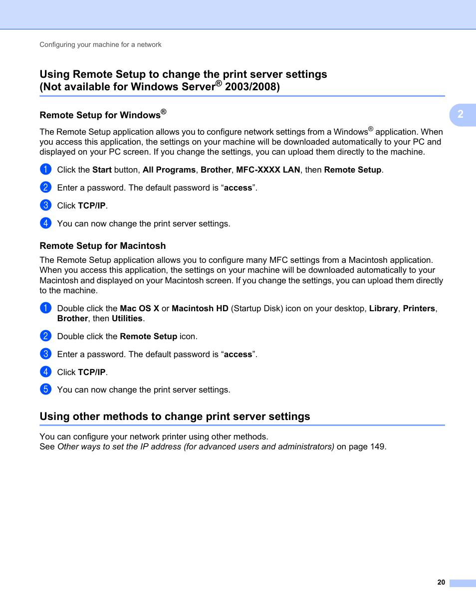 Remote setup for windows, Remote setup for macintosh, Not available for windows server | Brother MFC-9325CW User Manual | Page 31 / 192