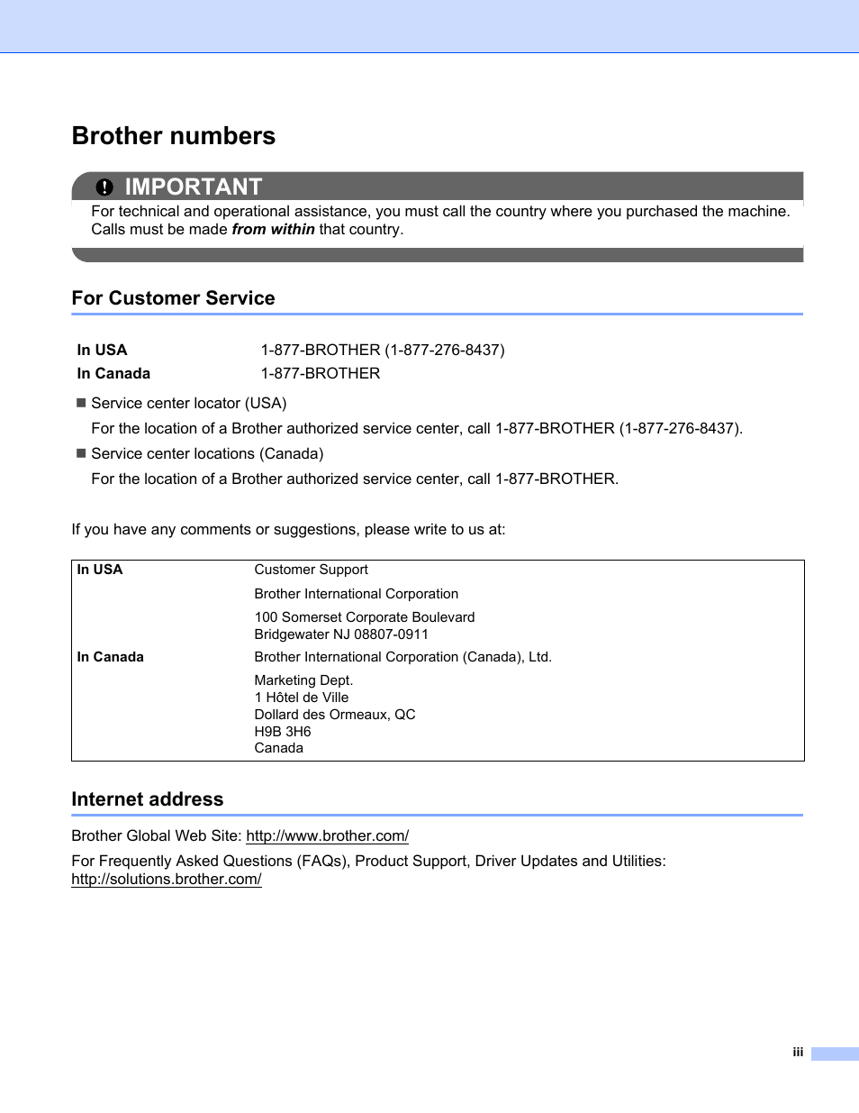 Brother numbers, Important, For customer service | Internet address | Brother MFC-9325CW User Manual | Page 4 / 192