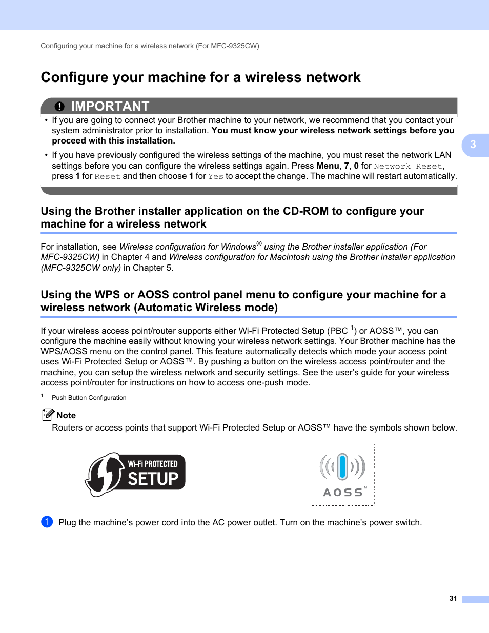 Configure your machine for a wireless network, Network, Automatic wireless mode) | Important | Brother MFC-9325CW User Manual | Page 42 / 192