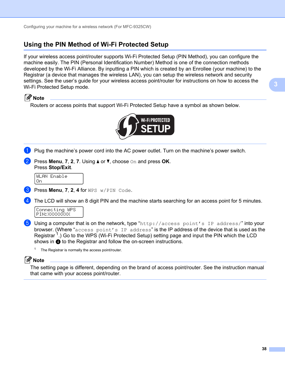 Using the pin method of wi-fi protected setup, 3using the pin method of wi-fi protected setup | Brother MFC-9325CW User Manual | Page 49 / 192